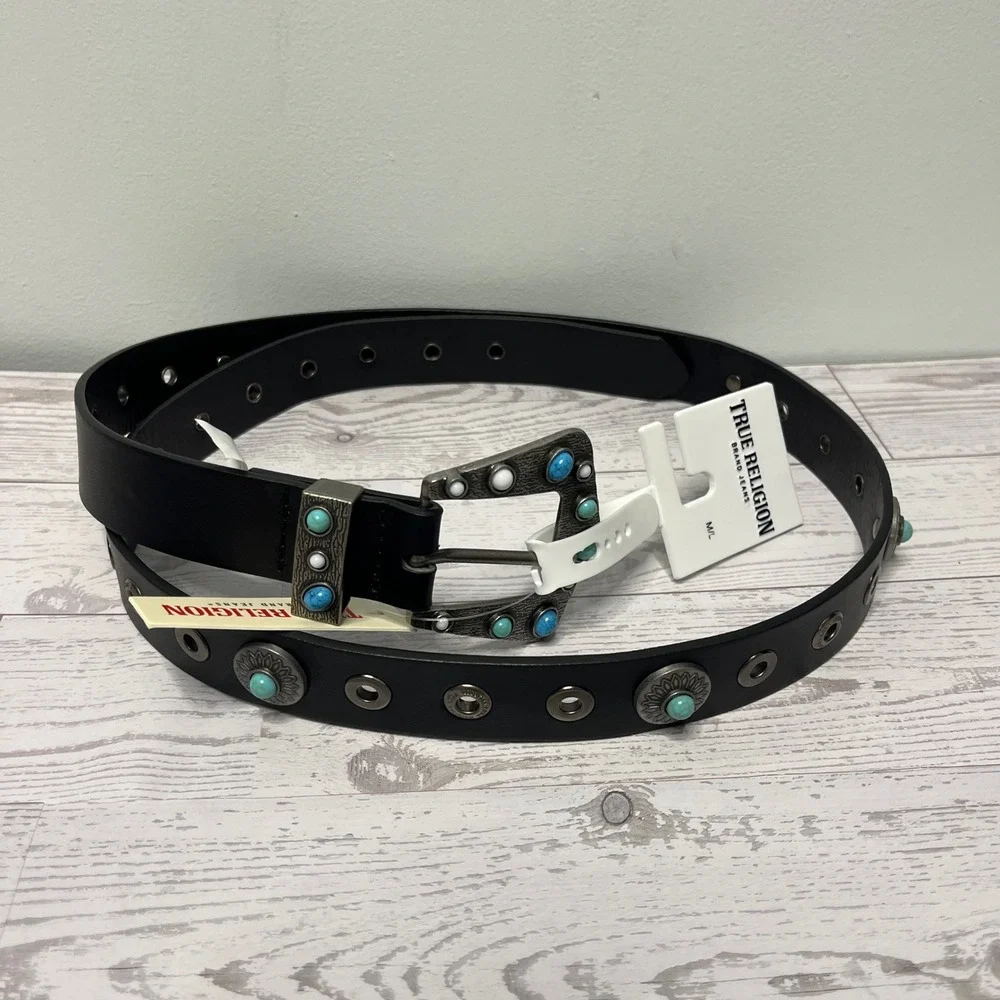 TRUE RELIGION Womens Stone Embellished Southwestern Faux Leather Black Belt M/L